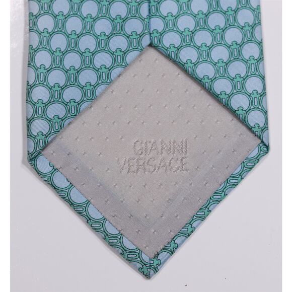 Gianni Versace Vintage 90s Green Sky Blue Geometric Print Silk Necktie Tie - Picture 7 of 7